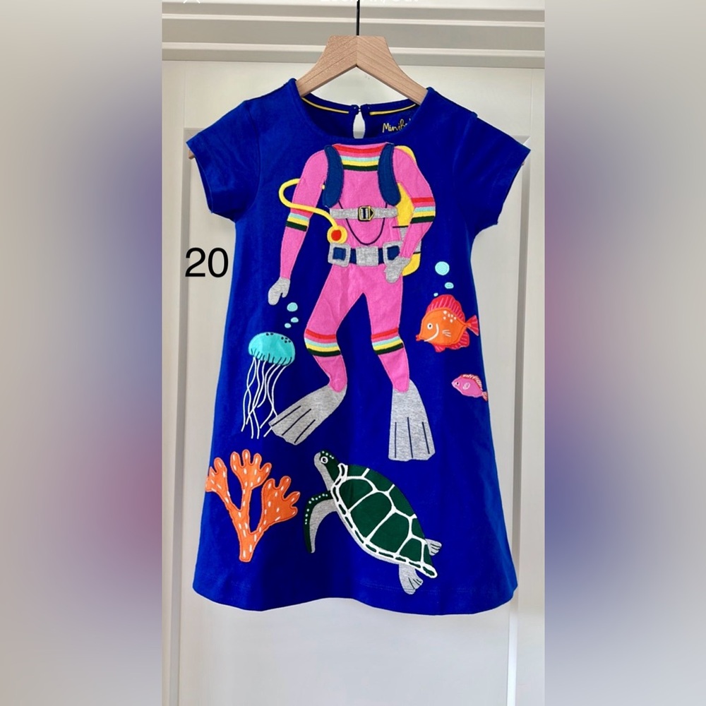 Mini Boden diver / sea life appliqué dress size 7-8